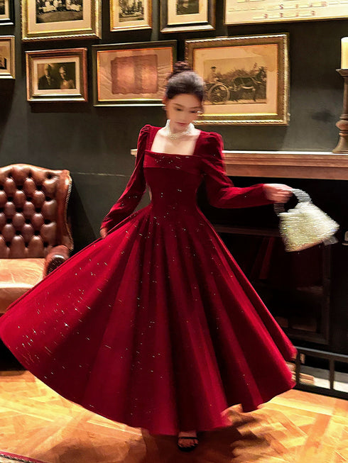 Wine Red Long Sleeves Velvet A-line Formal Dress, Wine Red Velvet Prom Dress Party Dress